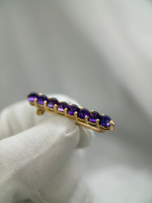 18K Amethyst Bar Brooch – 8 Cabochon Stones, 4.5 cm