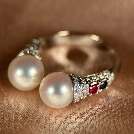 14K Akoya Pärlring med Rubin, Safir & Diamanter