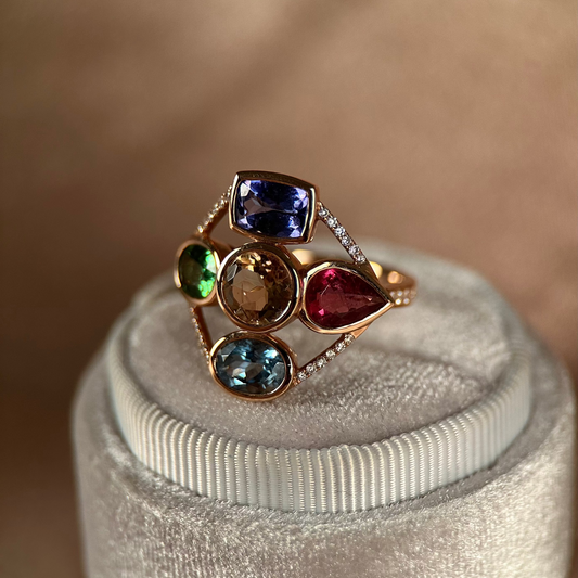 14K Ring med Turmaliner, Akvamarin, Tanzanit & Diamanter