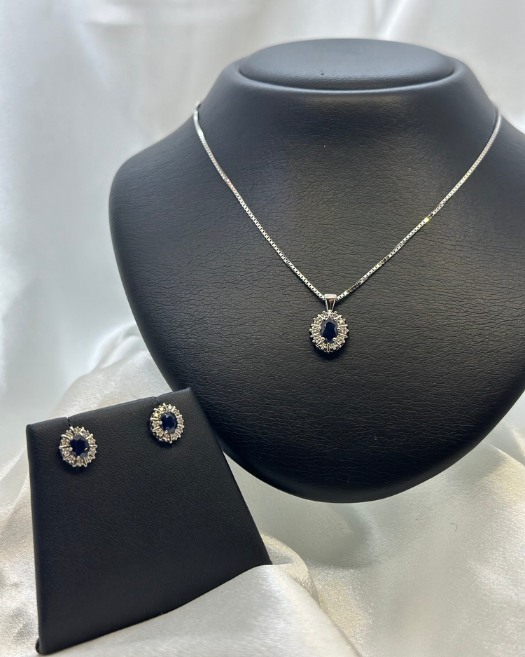18K Safir och Diamanter Smyckesset - Hänge & Örhängen