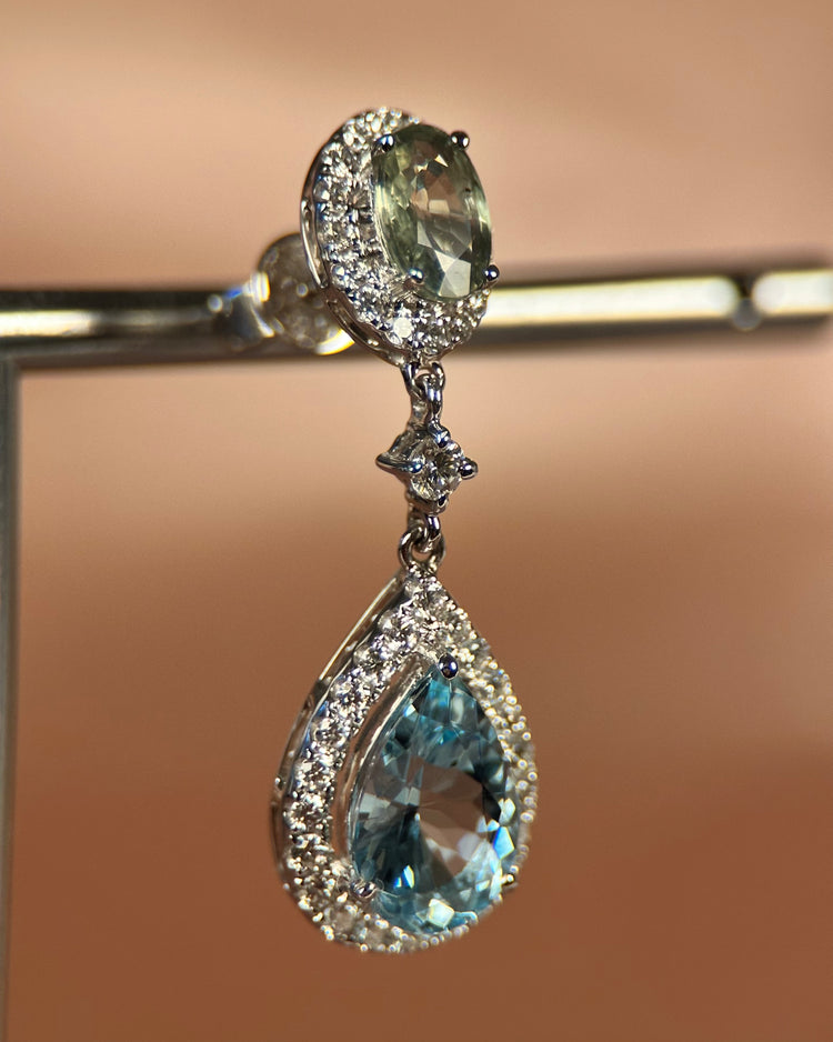 14K Akvamarin & Safirörhängen med Diamanter