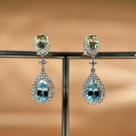 14K Akvamarin & Safirörhängen med Diamanter