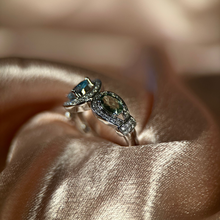 14K Akvamarin & Safirring med Diamanter