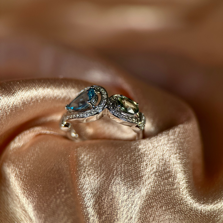 14K Akvamarin & Safirring med Diamanter