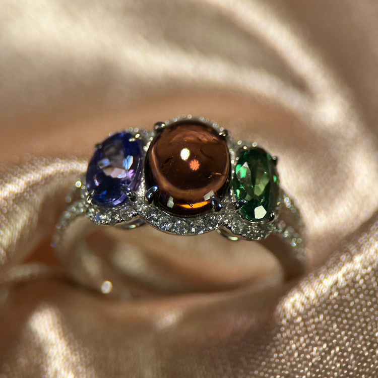 14K 2.97ct Turmalin, Tanzanit & Tsavorit Diamantring
