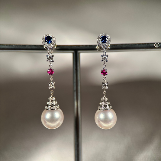 14K Akoya Pärlörhängen med Rubin, Safir & Diamanter