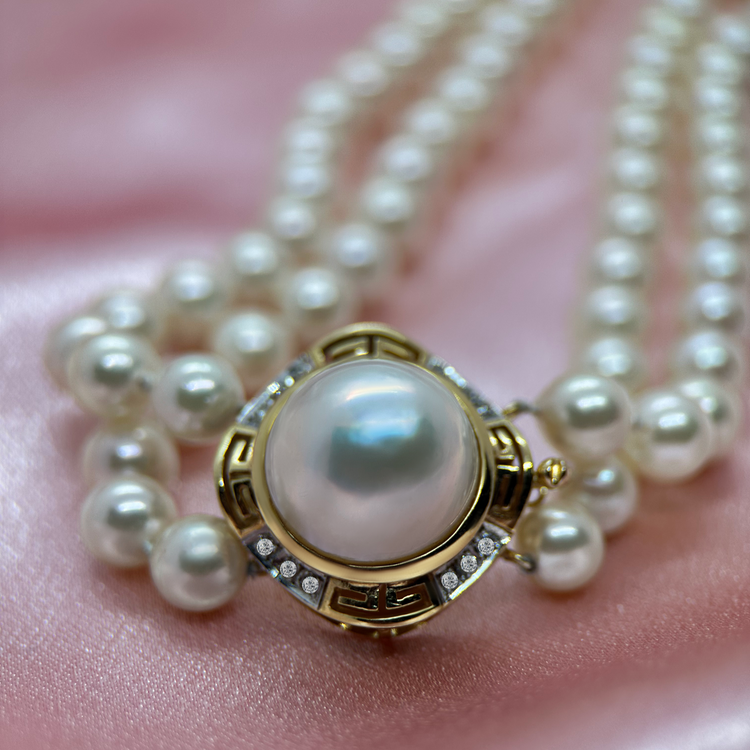 Halsband med Odlade Pärlor, 14K Guld och Diamanter