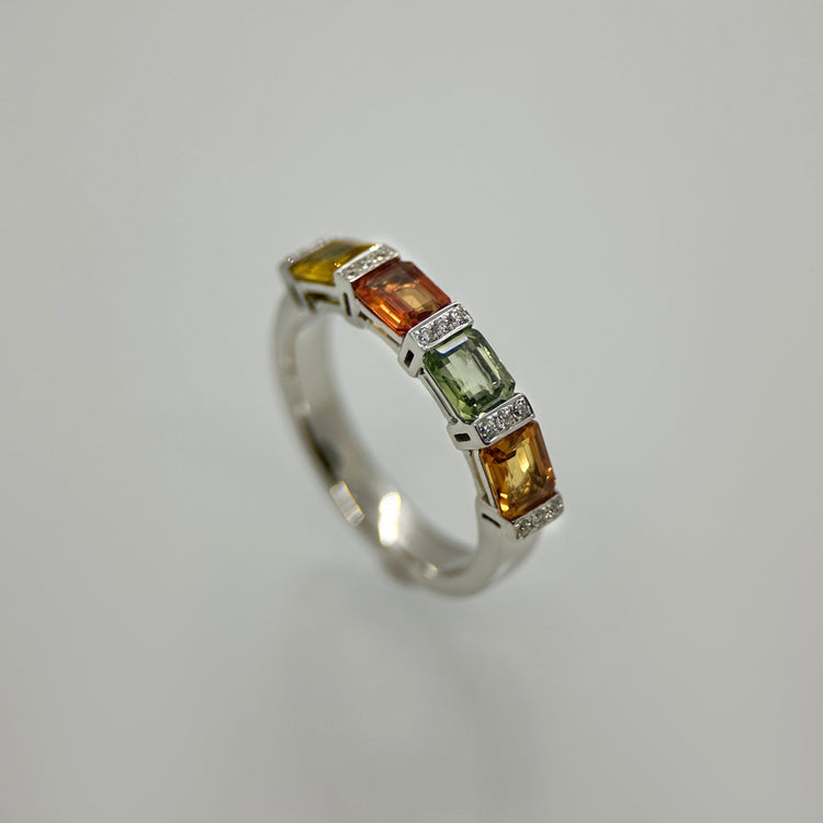 14K Vitguldsring med Flerfärgade Safirer & Diamanter