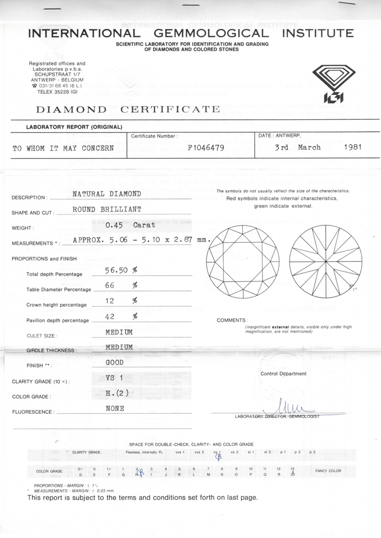 IGI 0.45 ct H VS1