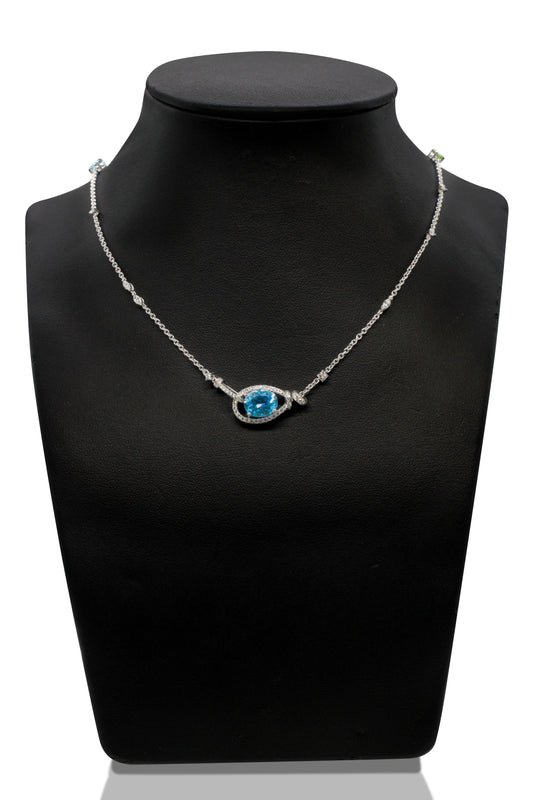 14K Vitguldhalsband med Akvamarin, Safirer & Diamanter