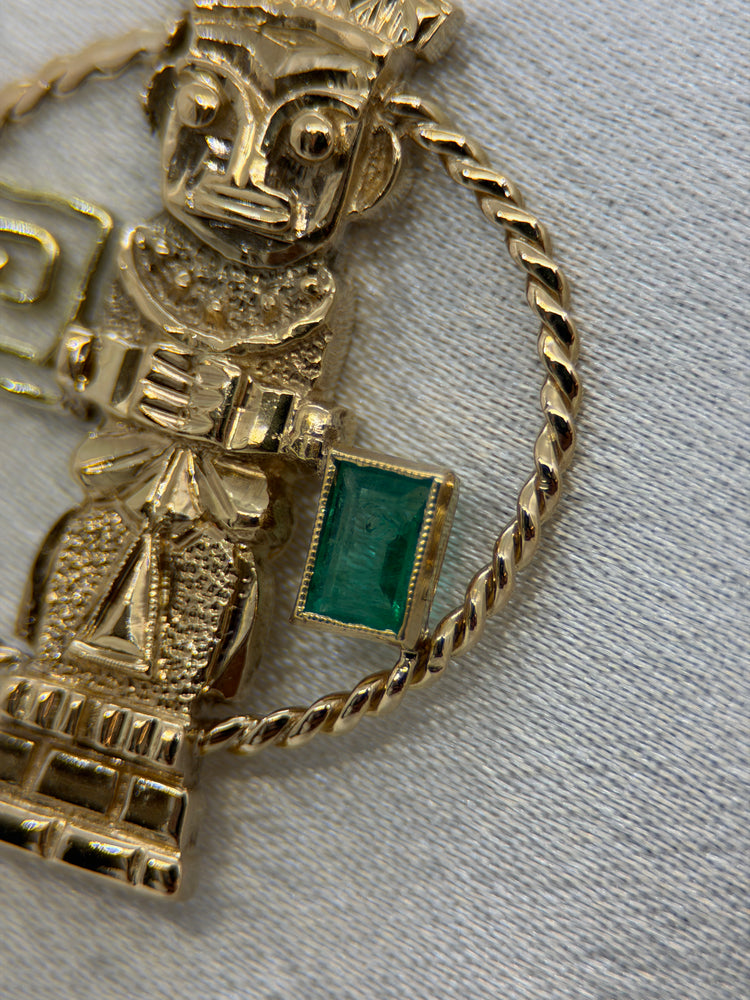 18K Gold Pendant with Emerald – Maya Figure, 8.6g