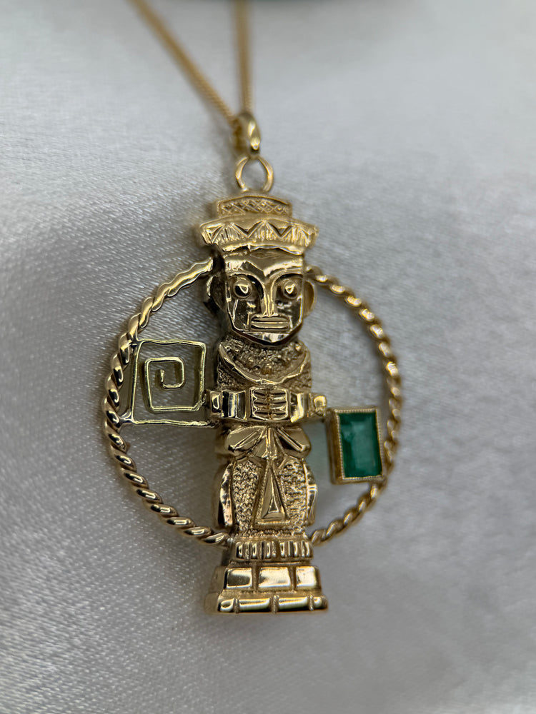 18K Gold Pendant with Emerald – Maya Figure, 8.6g