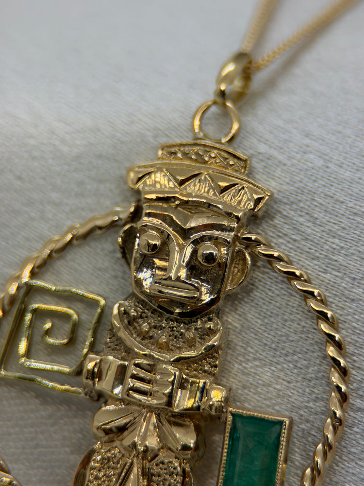 18K Gold Pendant with Emerald – Maya Figure, 8.6g
