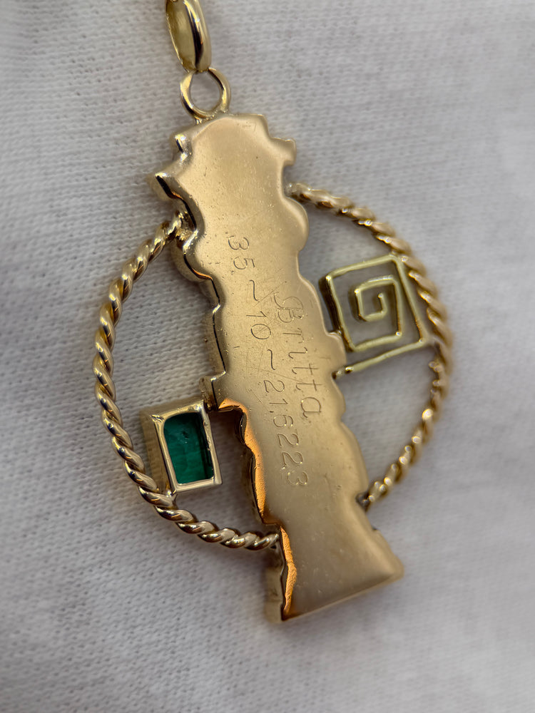 18K Gold Pendant with Emerald – Maya Figure, 8.6g