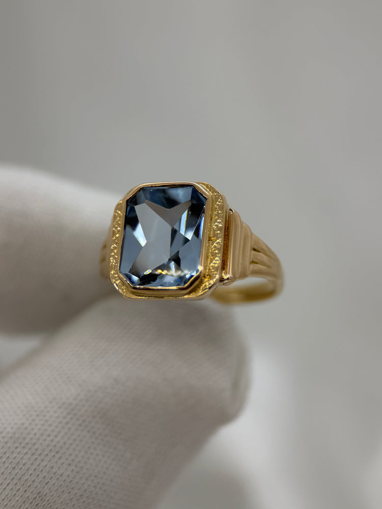 18K Ring med syntetisk spinell – Rektangulär blå sten, Storlek 59