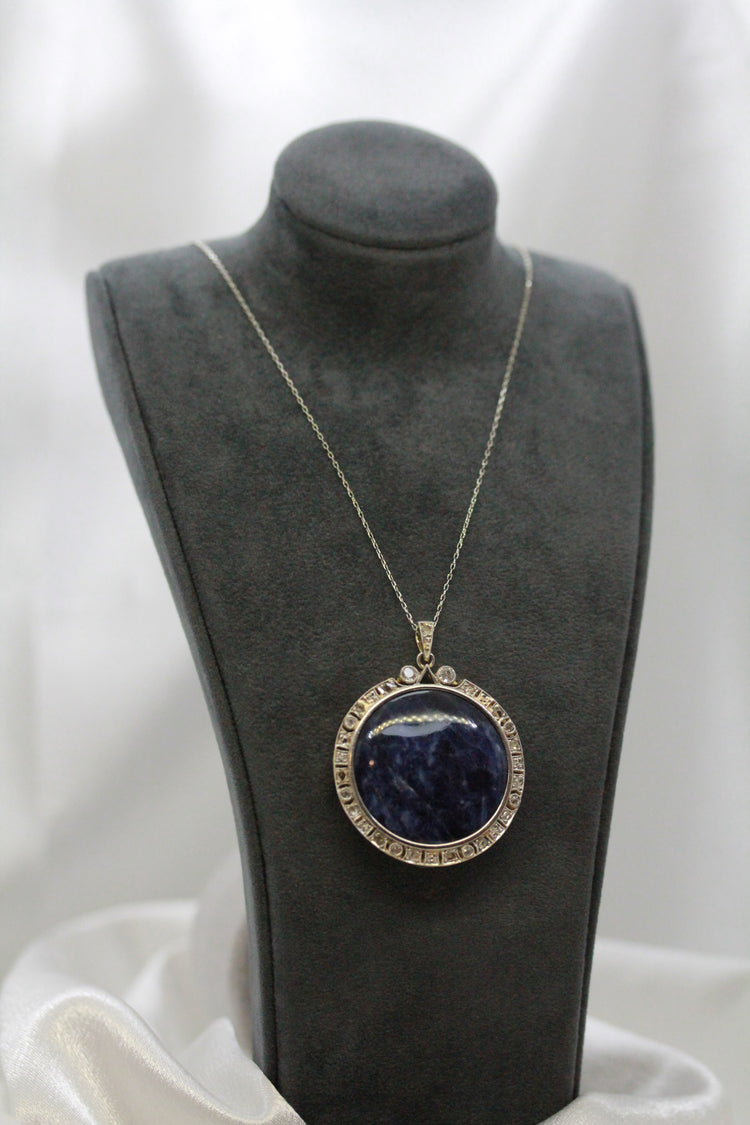 18K Sodalit & Diamant Halsband med Hänge – Sen 1800-tal/Tidigt 1900-tal