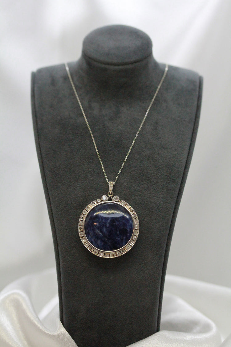 18K Sodalit & Diamant Halsband med Hänge – Sen 1800-tal/Tidigt 1900-tal