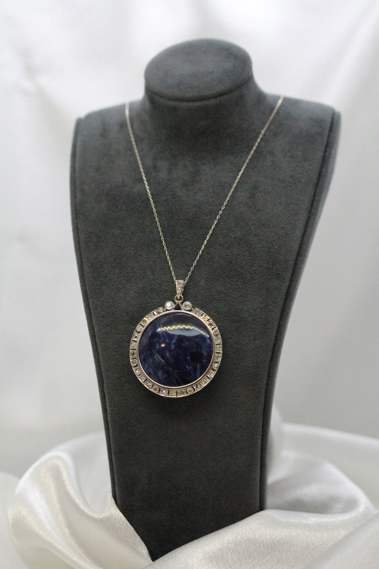 18K Sodalit & Diamant Halsband med Hänge – Sen 1800-tal/Tidigt 1900-tal