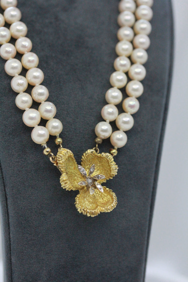 18K Dubbelradigt pärlcollier med diamanter – Odlade pärlor, 59 cm