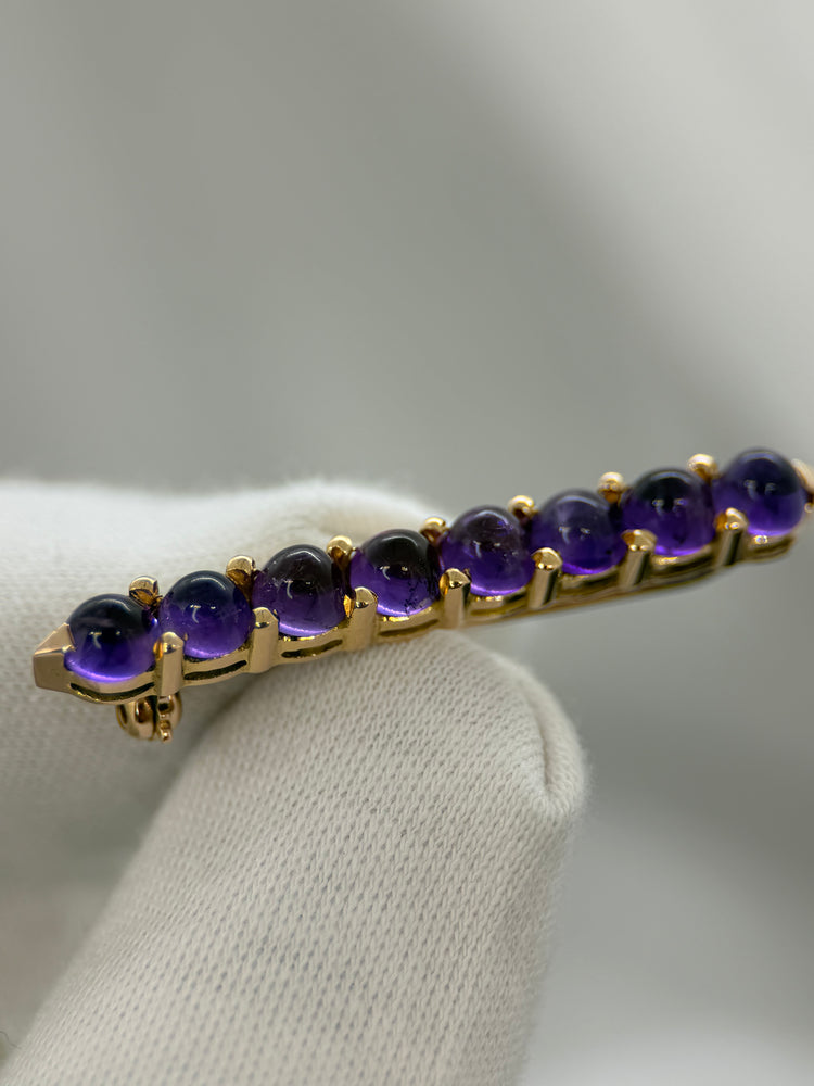 18K Amethyst Bar Brooch – 8 Cabochon Stones, 4.5 cm