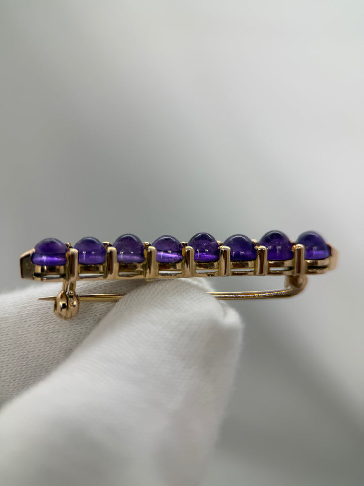 18K Amethyst Bar Brooch – 8 Cabochon Stones, 4.5 cm