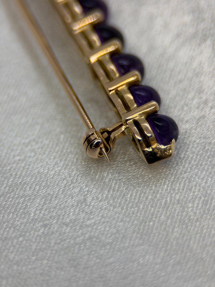 18K Amethyst Bar Brooch – 8 Cabochon Stones, 4.5 cm