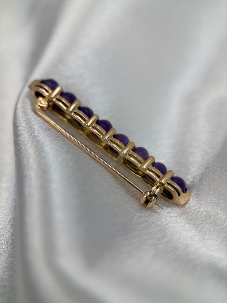 18K Amethyst Bar Brooch – 8 Cabochon Stones, 4.5 cm