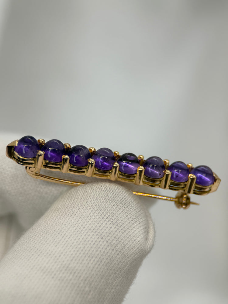 18K Amethyst Bar Brooch – 8 Cabochon Stones, 4.5 cm