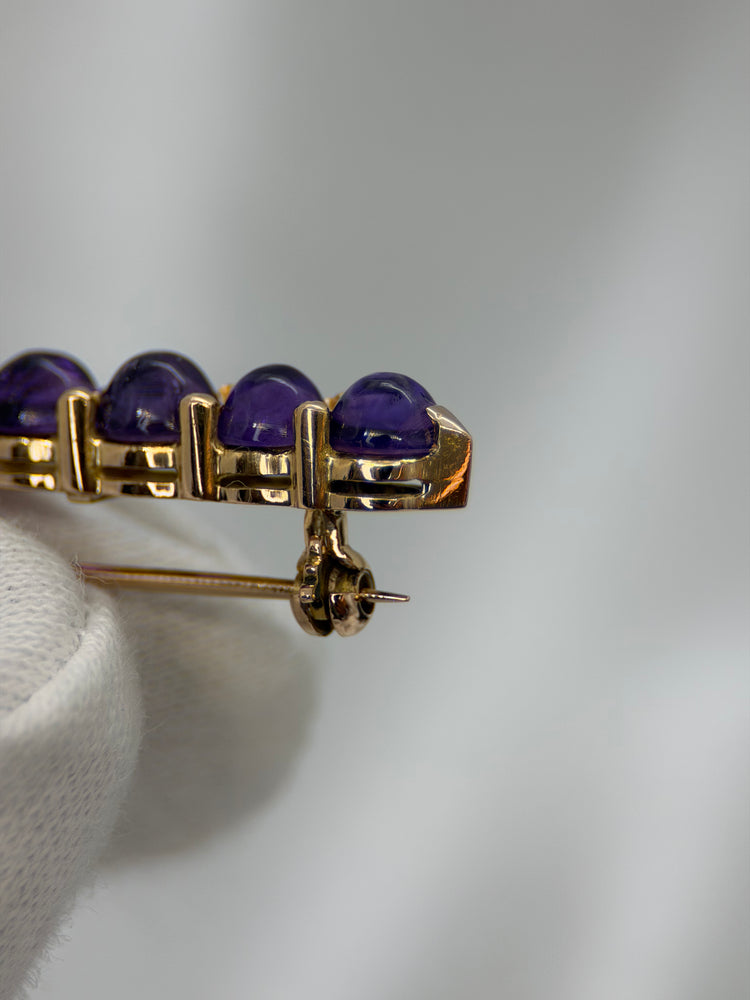18K Amethyst Bar Brooch – 8 Cabochon Stones, 4.5 cm