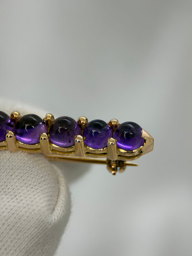 18K Amethyst Bar Brooch – 8 Cabochon Stones, 4.5 cm