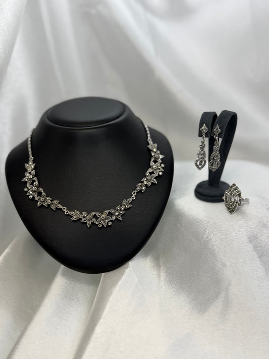 Silver & Marcasite Jewelry Set – Necklace, Earrings & Ring, Floral Motif