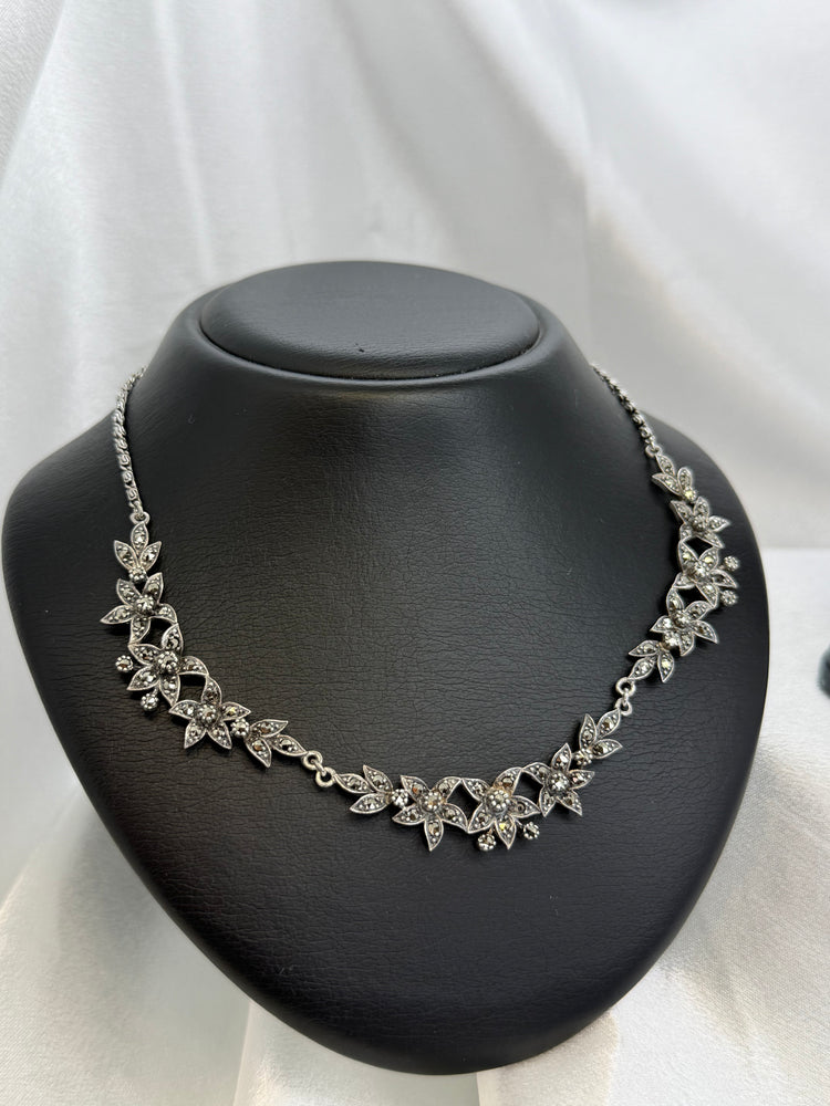 Silver & Marcasite Jewelry Set – Necklace, Earrings & Ring, Floral Motif