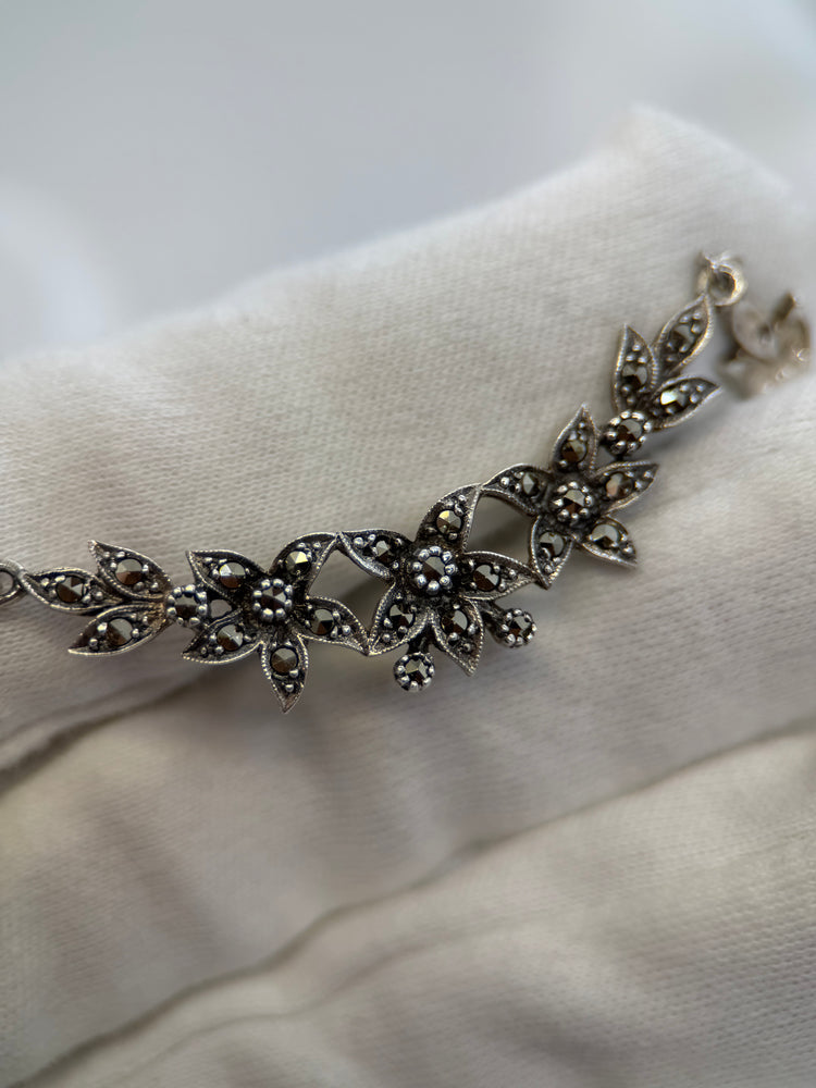 Silver & Marcasite Jewelry Set – Necklace, Earrings & Ring, Floral Motif