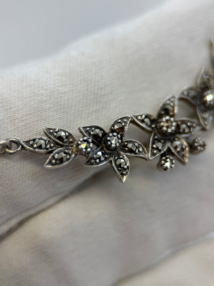 Silver & Marcasite Jewelry Set – Necklace, Earrings & Ring, Floral Motif