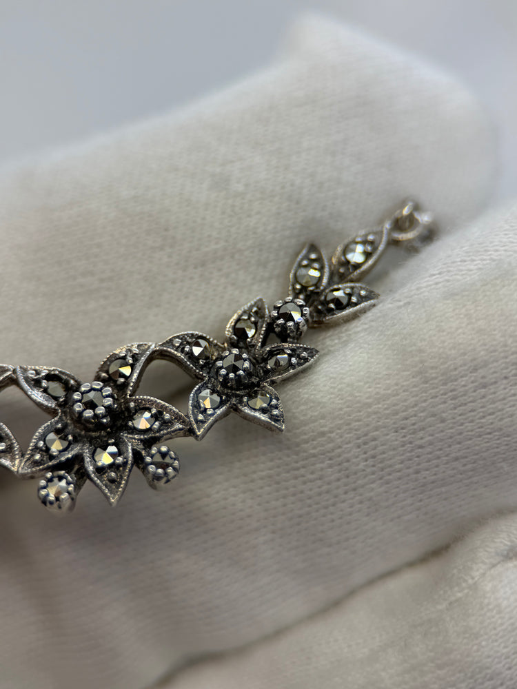 Silver & Marcasite Jewelry Set – Necklace, Earrings & Ring, Floral Motif
