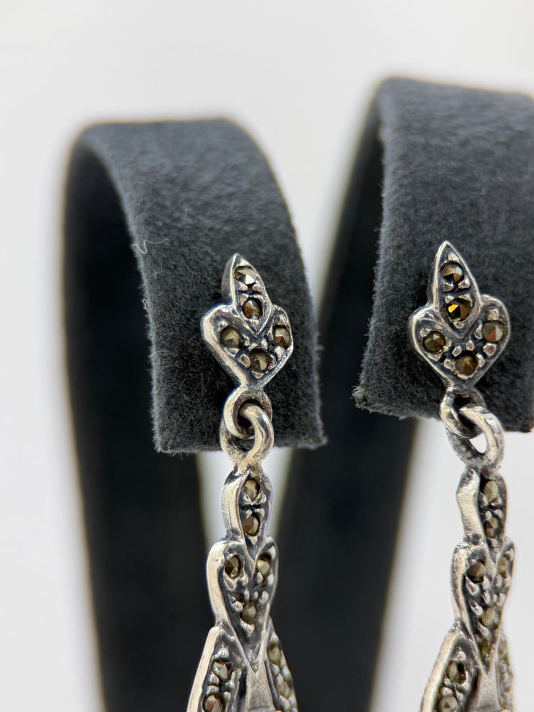 Silver & Marcasite Jewelry Set – Necklace, Earrings & Ring, Floral Motif