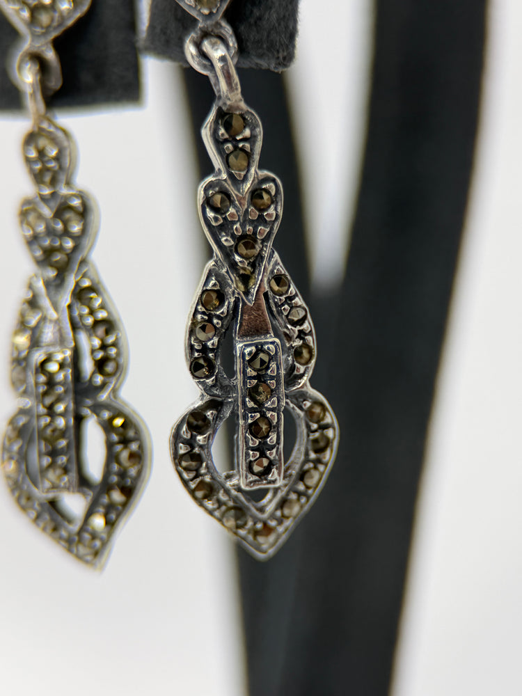 Silver & Marcasite Jewelry Set – Necklace, Earrings & Ring, Floral Motif