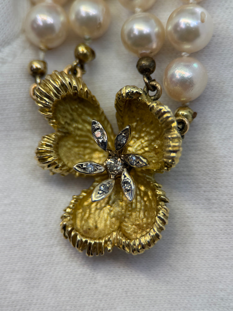 18K Dubbelradigt pärlcollier med diamanter – Odlade pärlor, 59 cm