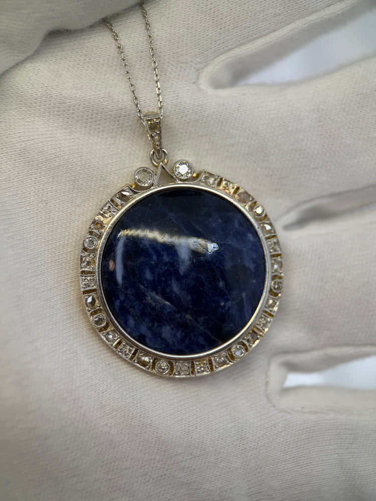 18K Sodalit & Diamant Halsband med Hänge – Sen 1800-tal/Tidigt 1900-tal
