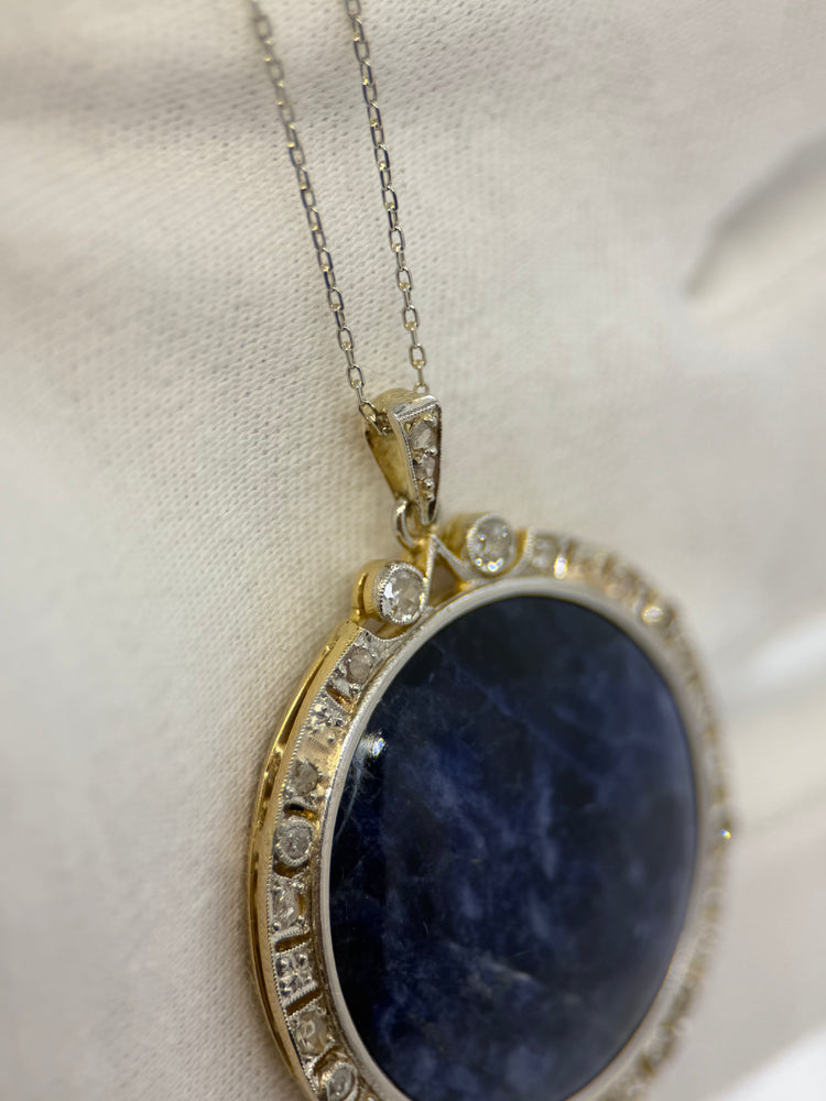 18K Sodalit & Diamant Halsband med Hänge – Sen 1800-tal/Tidigt 1900-tal