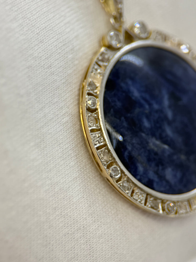 18K Sodalit & Diamant Halsband med Hänge – Sen 1800-tal/Tidigt 1900-tal