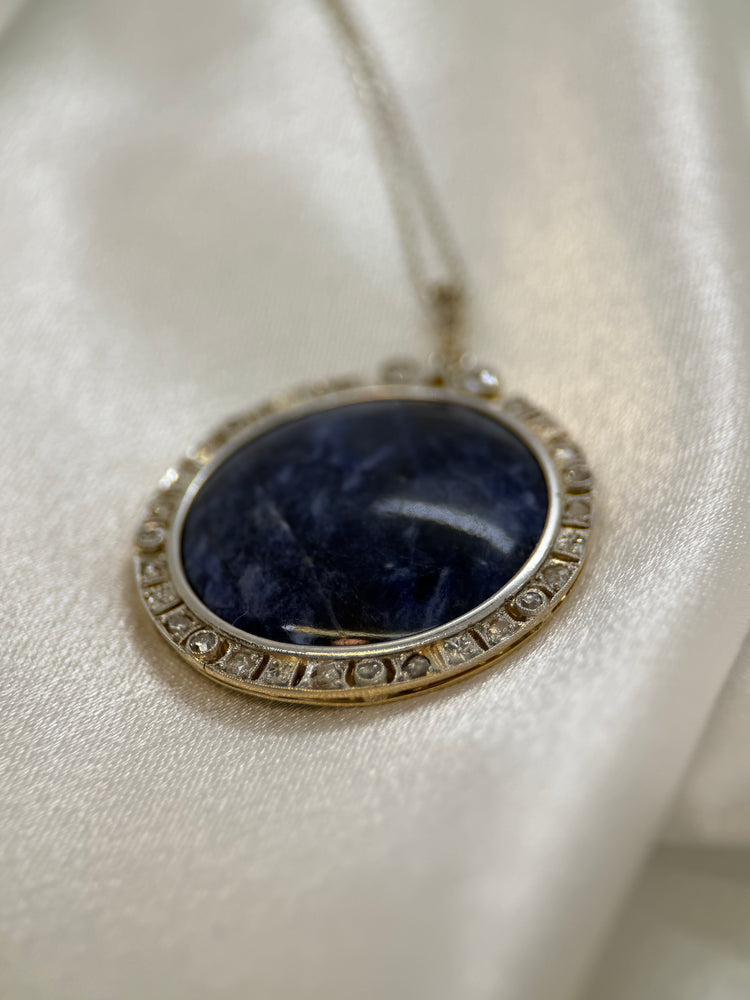 18K Sodalit & Diamant Halsband med Hänge – Sen 1800-tal/Tidigt 1900-tal