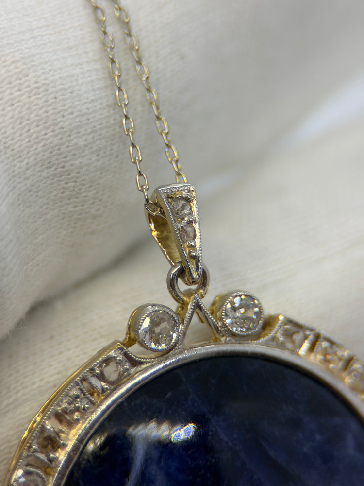 18K Sodalit & Diamant Halsband med Hänge – Sen 1800-tal/Tidigt 1900-tal