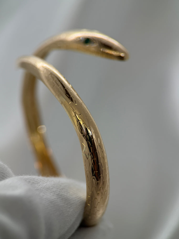 18K Rigid Snake Bangle – Emeralds & Diamonds, 26.6g