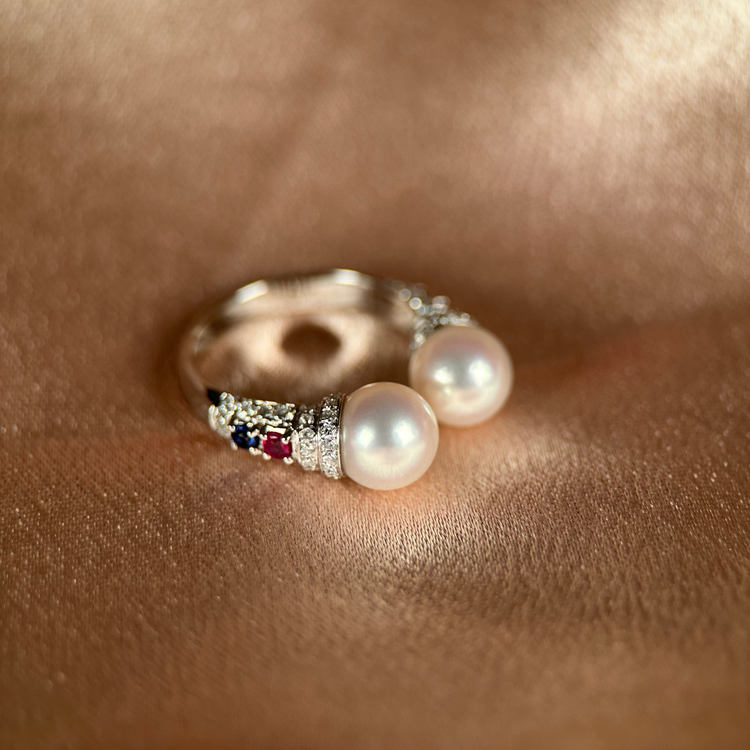 14K Akoya Pearl Ring with Ruby, Sapphire & Diamonds