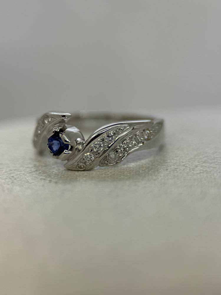 18K Sapphire and Diamond Ring – White Gold, Size 48.5