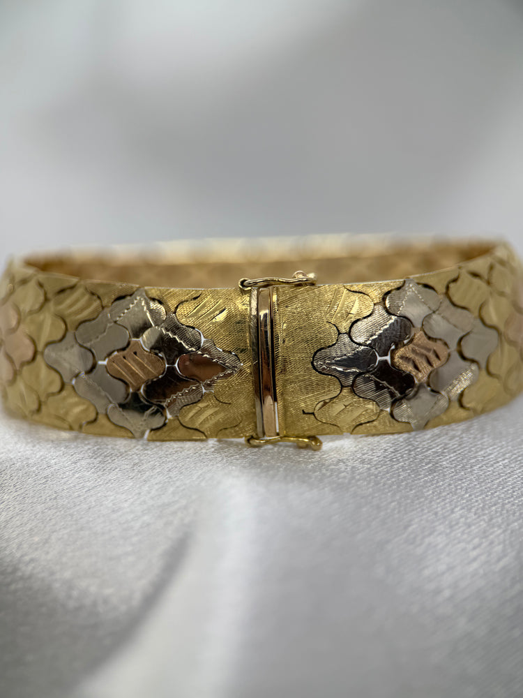 18K Trefärgat guldarmband – Timglasdesign, 54.9g, 19.3 cm