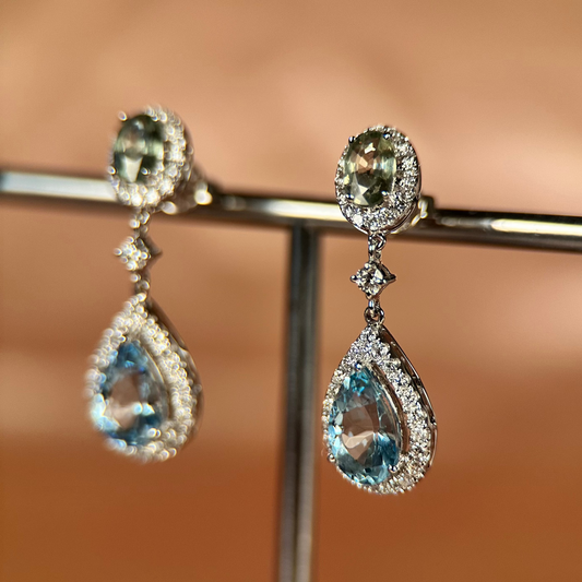 14K Akvamarin & Safirörhängen med Diamanter