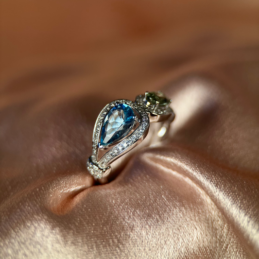 14K Akvamarin & Safirring med Diamanter
