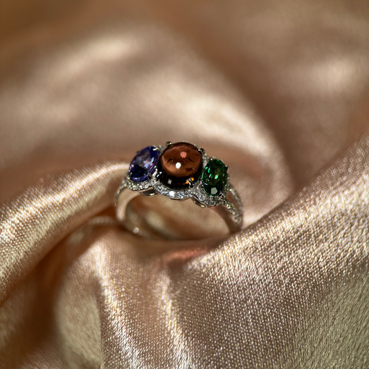 14K 2.97ct Turmalin, Tanzanit & Tsavorit Diamantring